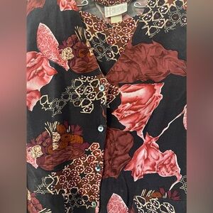 Juniors 2 Pc Suit, Button Down Top w/Matching Skirt (M) Burgundy, Pink & Black